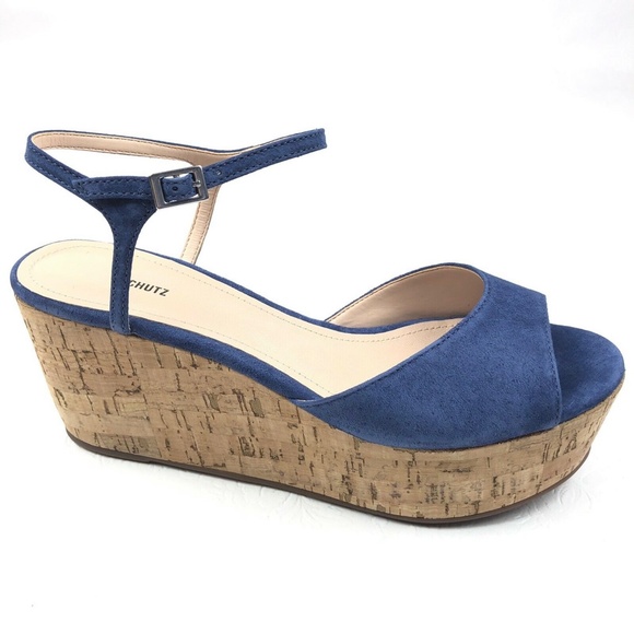 Schutz Heloise Blue Suede Platform Wedge Sandal Ankle Strap Comfortable Pumps 10 - Picture 7 of 11